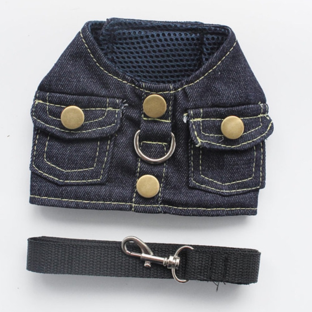 💝Dog Cat Harness with Leash Pet Clothes Denim M💝